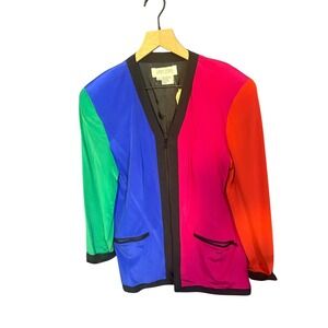 Sunny Leigh Vintage Colorblock Silk Jacket Zip Front Multi Color Womens Small